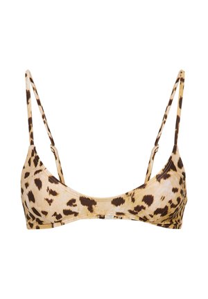 Leopard-Print-Bikini-Oberteil mit dünnen, verstellbaren Schulterriemen und rundem Ausschnitt, auf weißem Hintergrund präsentiert.