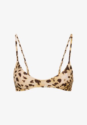 Bikinio viršus su leopardo raštu, plonomis reguliuojamomis petnešėlėmis ir apvalia iškirpte, pateiktas ant balto fono.