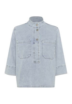 Light blue denim shirt with a high collar, three buttons, and two front pockets. Features short sleeves and a relaxed fit design.