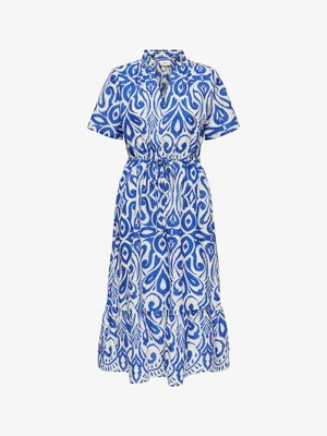 Blauw-wit midi-jurk met patroon, korte mouwen, V-hals, getailleerde taille met trekkoord en gerimpelde zoom.