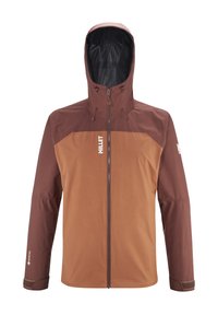Waterproof brown jacket with a zip front, adjustable hood, and reinforced shoulders. Features GORE-TEX branding on the sleeve.