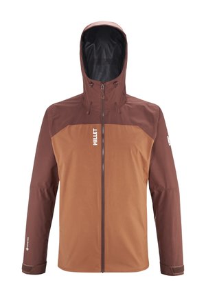 Veste marron imperméable avec fermeture éclair à l'avant, capuche ajustable et épaules renforcées. Présente le logo GORE-TEX sur la manche.