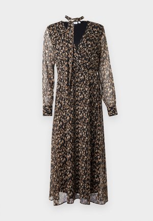 Zwarte en beige gestreepte jurk met lange doorschijnende mouwen, V-hals, gestrikte kraag, wikkeldesign en vloeiende rok.