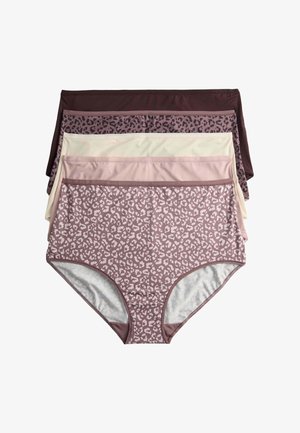 Pile de cinq slips taille haute pour femmes dans des tons mauve, beige et marron, deux avec des motifs léopard.