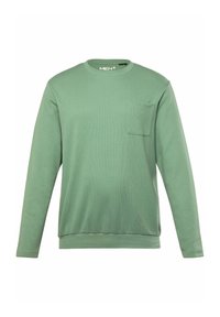 Sudadera verde de manga larga con cuello redondo, tejido texturizado y un bolsillo en el pecho izquierdo. Presenta un corte relajado y puños acanalados.