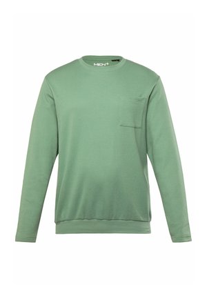 Groene sweatshirt met lange mouwen, een ronde hals, textuurstof en een borstzak aan de linkerkant. Heeft een relaxed fit en geribbelde manchetten.
