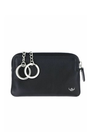 Black leather zipper pouch with two silver key rings attached by chains and a small silver logo on the bottom right corner.