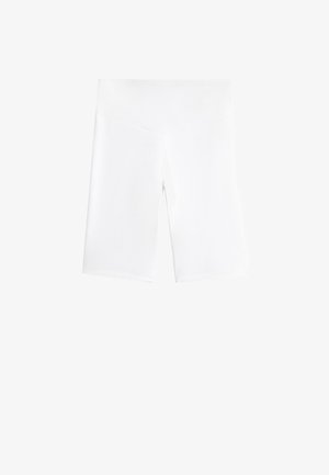 Pantaloni corti bianchi realizzati in tessuto elastico, con vita elasticizzata e design liscio e senza cuciture. Lunghezza a metà coscia.