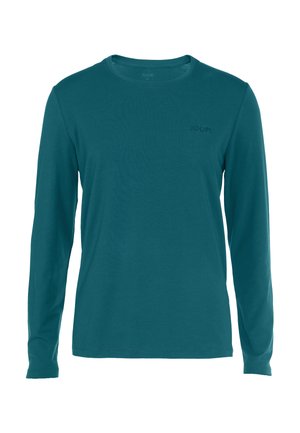 Chemise longue à manches en teal fabriquée en tissu doux. Présente un col rond et un logo discret sur la poitrine. Texture lisse, sans motifs.