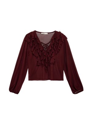 Blusa burgundy de manga larga y transparente con volantes en capas a lo largo del escote en V y detalle de cordones en la parte delantera, puños elásticos y ajuste holgado.