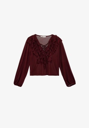 Blusa burgundy de manga larga y transparente con volantes en capas a lo largo del escote en V y detalle de cordones en la parte delantera, puños elásticos y ajuste holgado.