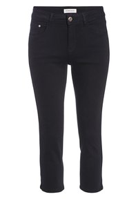 Pantalons en denim noir coupés avec un design ajusté, poches avant et fermeture à bouton. Tissu texturé avec un léger stretch pour le confort.
