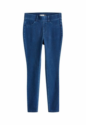 Jean skinny en denim bleu foncé, avec une texture lisse, un design à cinq poches et une taille mi-haute. Pas d'effilochage visible.