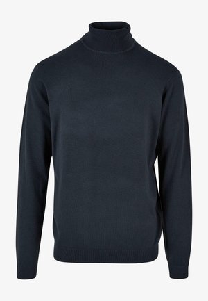 Tengerészkék garbó pulóver puha kötött anyagból. Hosszú ujjakkal, bordázott mandzsettákkal és aljjal rendelkezik, illeszkedő kialakítása és sima textúrája van.