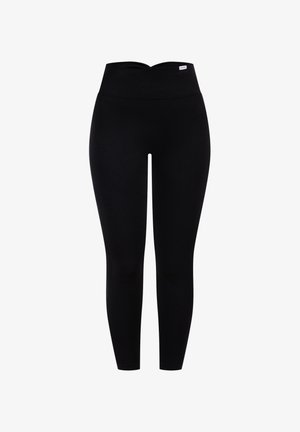 Leggings nere con vita alta, realizzate in materiale elasticizzato, caratterizzate da una texture liscia e una silhouette aderente. Senza motivi o accenti.