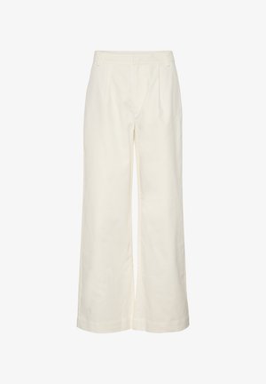 Laiad püksid kreemja puuvilla materjalist, ees pleatidega ja kõrge vöökohaga. Sile kangas, puhas viimistlus ja nähtamatud detailid.