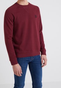 Sudadera color burdeos con cuello redondo acanalado y mangas largas. Presenta un pequeño logo oscuro en el pecho y un corte relajado. Material de mezcla de algodón.