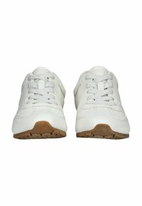 Weiße Sneakers mit einem Obermaterial aus glattem Leder, einer kontrastierenden Sohle aus Gummi und hellgrauen Schnürsenkeln. Runde Zehenform und minimalistische Designdetails.