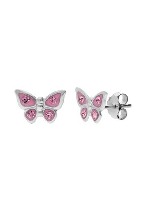 Zilveren oorknopjes in de vorm van vlinders met roze emaille en roze kristalaccenten op een witte achtergrond.