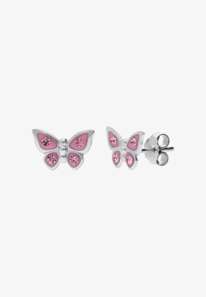 Zilveren oorknopjes in de vorm van vlinders met roze emaille en roze kristalaccenten op een witte achtergrond.
