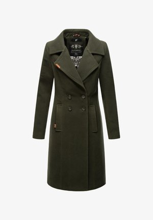 Manteau double boutonnage vert olive avec grands revers, deux poches avant et une doublure à motif subtil. Présente des boutons noirs et des accents en cuir.
