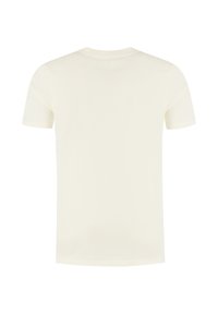 Effen off-white T-shirt met korte mouwen, getoond vanaf de achterkant op een witte achtergrond.