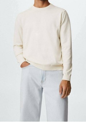 Helles beiges Rundhals-Sweatshirt aus weichem Stoff mit langen Ärmeln und gerippten Bündchen, kombiniert mit hellblauen Jeans.
