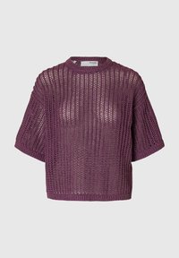 Purple short-sleeve knitted sweater with a loose open-weave pattern and a crew neckline, displayed on a plain background.