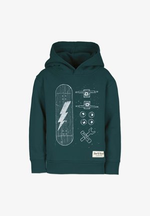 Teal hoodie with white graphic design featuring a skateboard, lightning bolt, wheels, and tools. Soft fabric, ribbed cuffs, and hem.