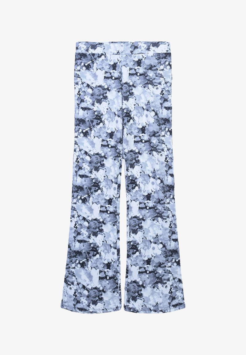 Spodnie w typie dzwonów z abstrakcyjnym wzorem akwarelowym w odcieniach niebieskiego i szarości. Wykonane z gładkiej tkaniny, z dopasowanym paskiem w talii i szerokimi nogawkami.