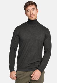 Mørkegrå høyhalset genser laget av ribbestrikket stoff, tettsittende design, lange ermer, med en jevn tekstur og subtile detaljer.