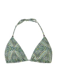 Zielony top bikini w kształcie trójkąta z misternymi białymi i żółtymi wzorami kwiatowymi, z wiązaniami na szyi w stylu halter oraz małymi brązowymi dekoracyjnymi koralikami.