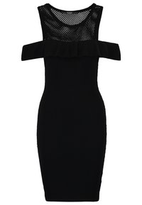 Abito nero a costine con corpo in rete, design off-shoulder e un accentuazione con volant lungo il collo. Silhouette aderente.