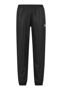 Pantalones deportivos negros hechos de una tela suave y transpirable. Cuentan con una cinturilla elástica y puños, con un pequeño logo en la parte superior de la pierna izquierda.