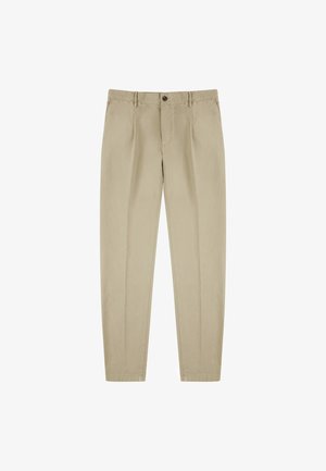 Beige chino's met een recht model, voorzien van een knoopsluiting, zijzakken en een soepel, lichtgewicht katoenmateriaal.
