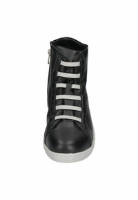 Black leather ankle boot with white lace accents, featuring a rounded toe, white rubber sole, and a zip closure on the side.