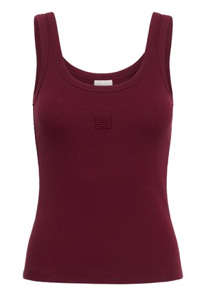 Mouwloze bordeauxrode geribbelde tanktop met ronde hals en een klein geborduurd logo in het midden van de borst.