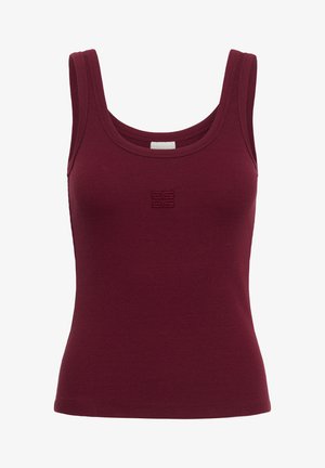 Varrukateta burgundia soonikkoes topp laia kaelusega ja väikese tikitud logoga rinnal keskel.