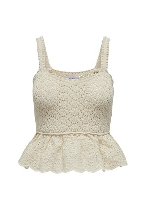 Peplum top vyrobený z béžovej háčkovanej látky. Obsahuje textúrovaný, čipkovaný vzor a nastaviteľné ramienka. Rozšírený spodok so scalloped okrajmi.