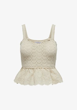 Top peplum realizzato in tessuto di pizzo beige. Presenta un motivo in pizzo testurizzato e spalline regolabili. Fondo svasato con bordi ondulati.