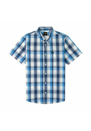 Camisa de manga corta de estilo abotonado en varios tonos de cuadros azules, con cuello, un bolsillo y una pequeña etiqueta de la marca. Material de algodón.