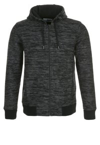 Mörkgrå zip-hoodie med subtilt strukturerat mönster, dragsko i huvan och svarta ribbad muddar och nederkant.