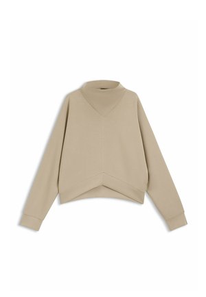 Beige cropped sweatshirt with a high V-neckline, long sleeves, and a textured fabric, featuring a triangular seam detail at the hem.
