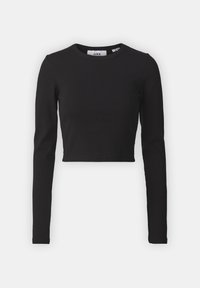 Haut noir à manches longues et cropped en tissu côtelé avec un col rond. Comprend une étiquette et un tag de marque. Aucun motif ni accent visible.