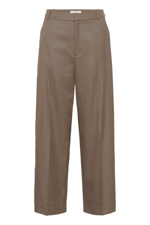 Pruunid kohandatud püksid sirge jala disainiga, volditud ees ja vööaasadega. Valmistatud tekstuurse kangaga, millel on peen läige.