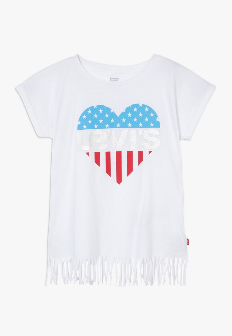 T-shirt blanc à manches courtes avec ourlet effilé, orné d'un cœur avec des étoiles bleues et des rayures rouges ainsi que le texte "Levi's" en argent sur la poitrine.