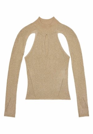 Suéter de punto beige con cuello mock, mangas largas y detalles recortados en el pecho. Textura suave con un brillo sutil.