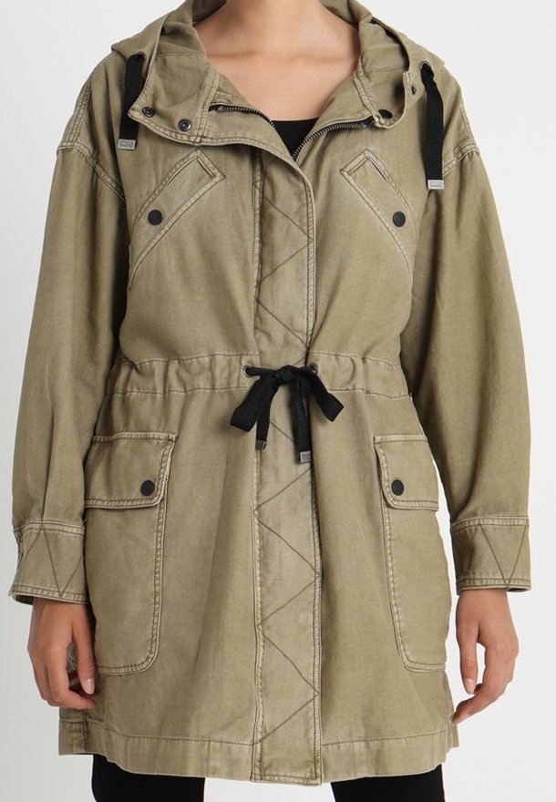 Olive green parka with a drawstring waist, large front pockets, button accents, and a zip-up front, featuring a textured fabric and hood.