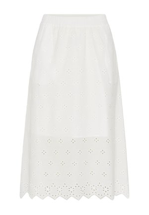 Bijela suknja do koljena s elastičnim pojasom, s uzorkom cvjetnih izreza i ukrasnim valovitim rubom.