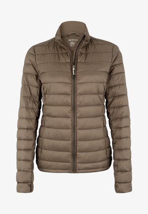 Polstret jakke i dæmpet brun, med høj krave, lynlåslukning og vandret syninger for isolering. Ingen synlige logoer eller detaljer.